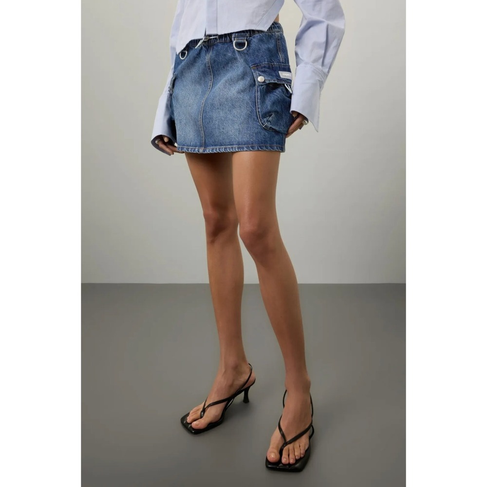 Coperni Blue Denim Mini Skirt Cargo Pocket Y2K Elastic Waist D Ring Sz 10 US